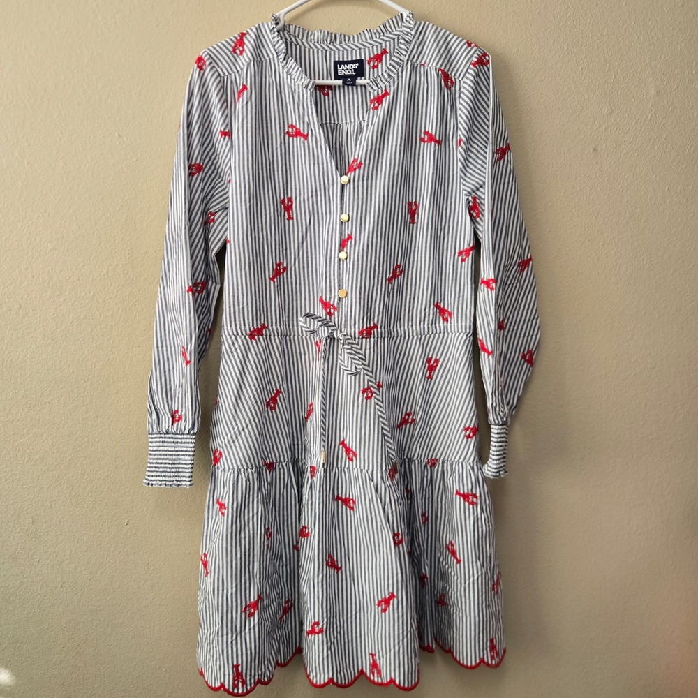 Lands End Womens Blue White Striped Lobster Embroidered Dress Scallop Hem S 6-8